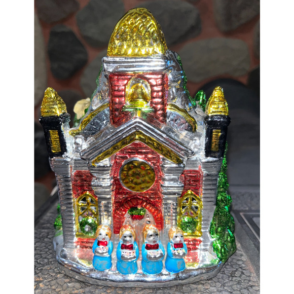 Vintage Small Light-Up Ceramic Christmas Church Choir Metallic Shiny Brite - Picture 12 of 16
